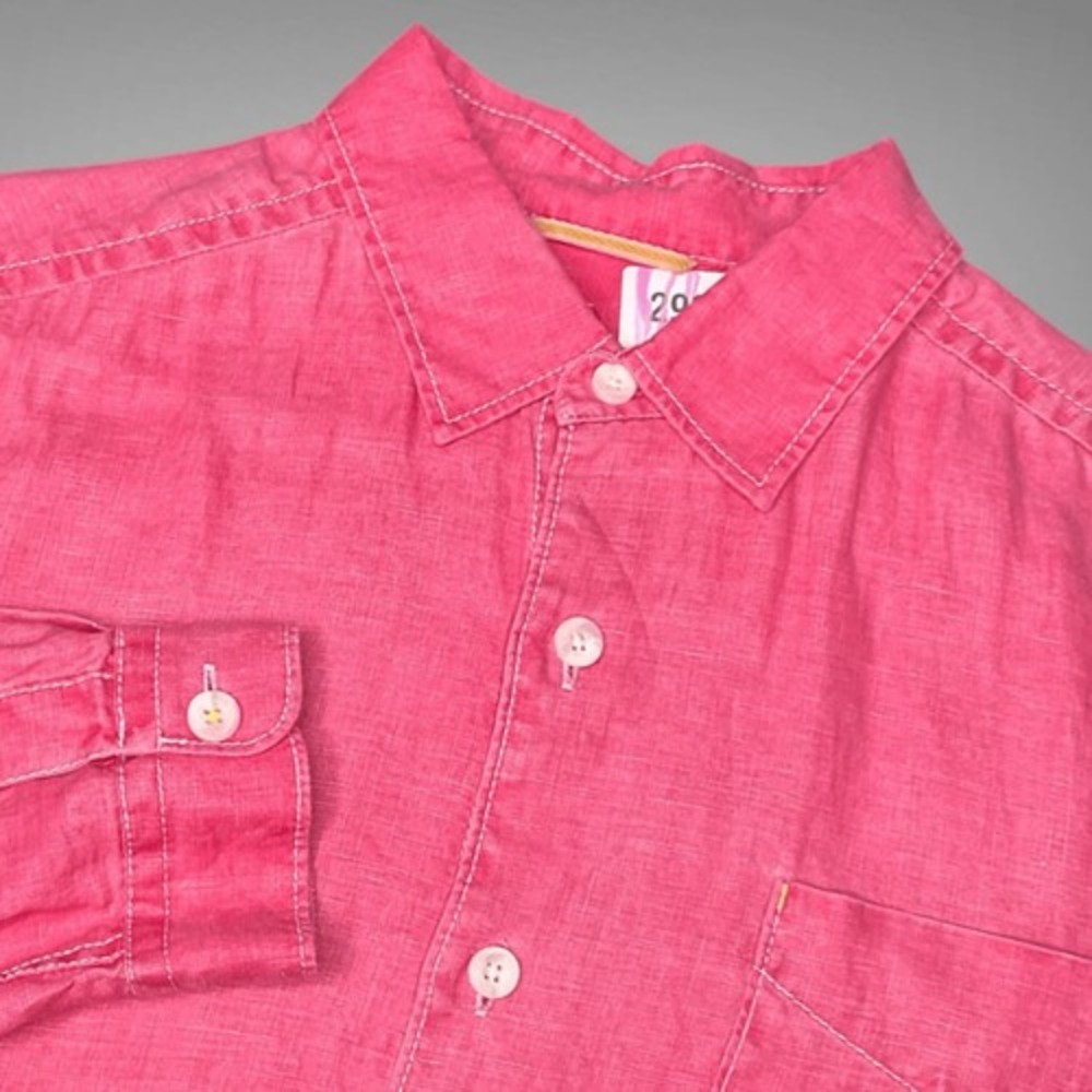 Tommy Bahama Shirt Mens S Petite Coral Pink 100% Linen Long Sleeve Button Up